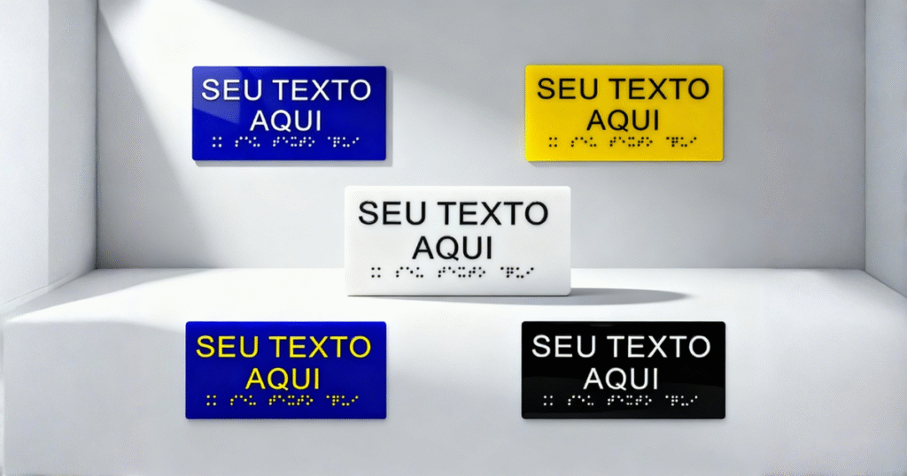 Placas braile feitas pela Sinal Link nas cores: branco, azul, preto e amarelo.