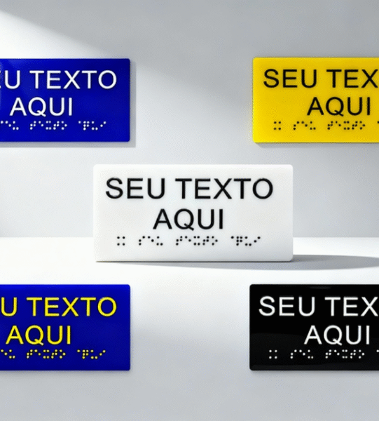 Placas em braile feitas pela Sinal Link nas cores: branco, azul, preto e amarelo.