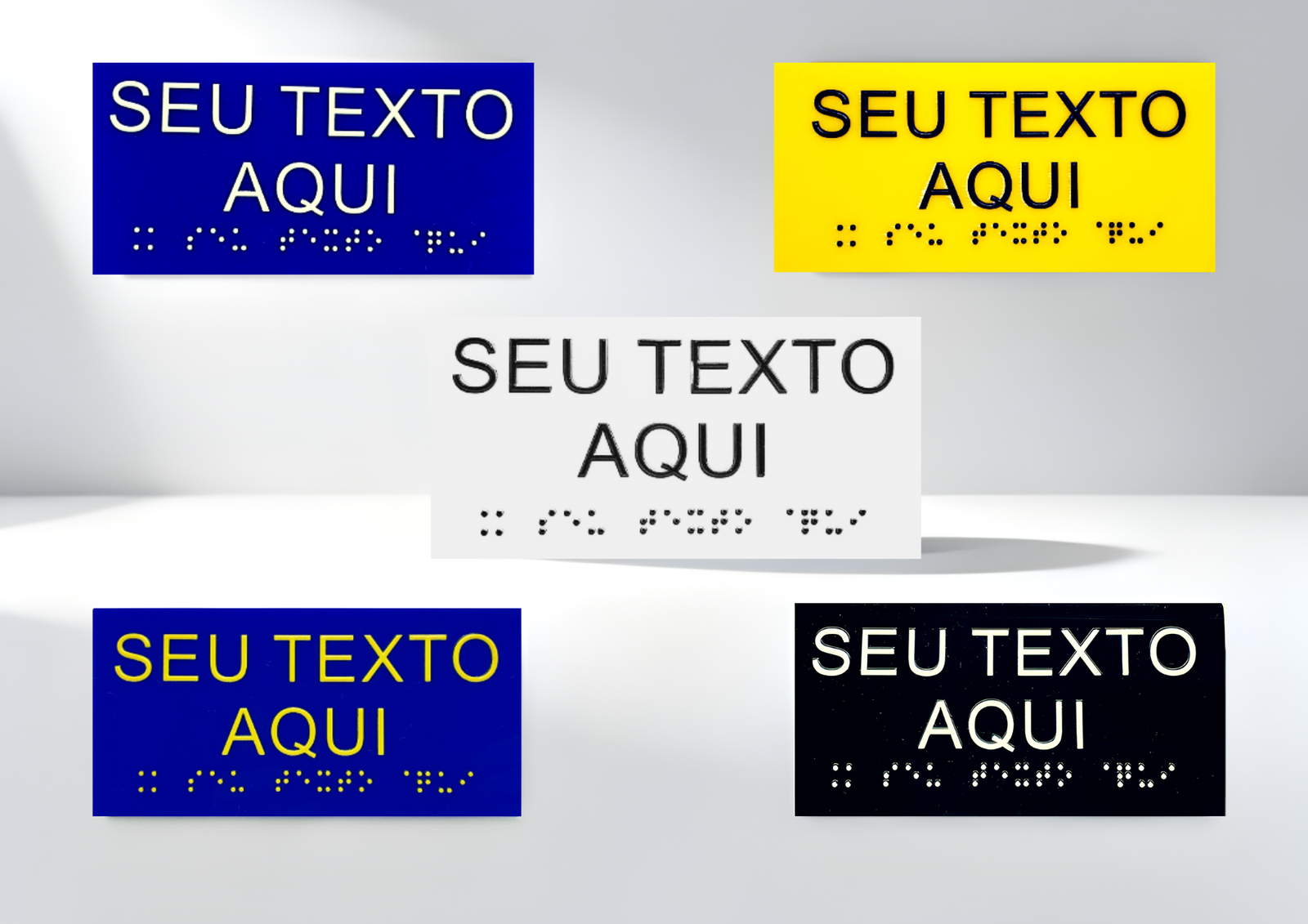 Placa braile acrílico branco, azul, preto e amarelo