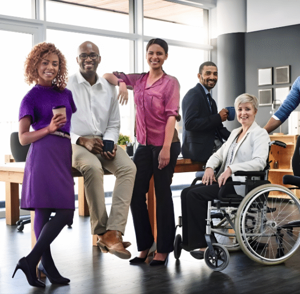 Acessibilidade atitudinal - Colegas de trabalho posam para foto sorrindo no escritório.