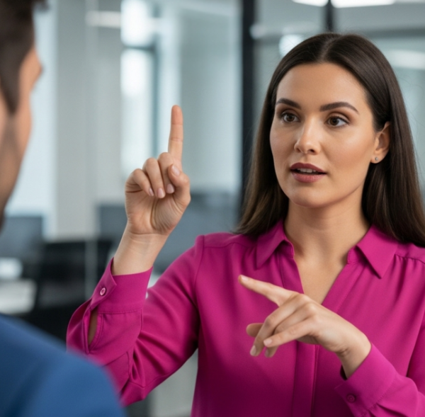 Acessibilidade comunicacional - Mulher se comunica em Libras com homem a sua frente.