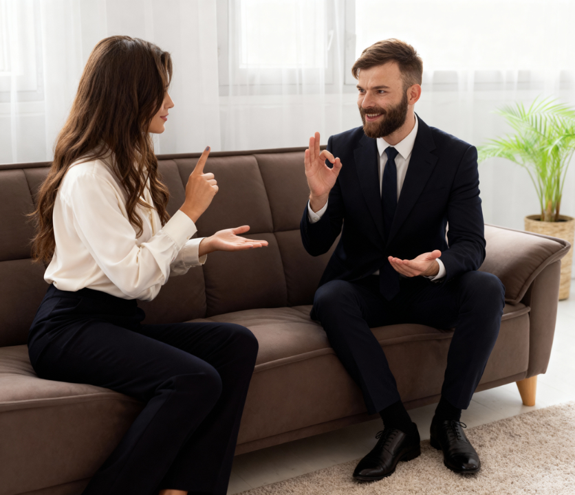 7 principais barreiras que impedem a inclusão 4 Homem e mulher conversam em Libras - Língua Brasileira de Sinais