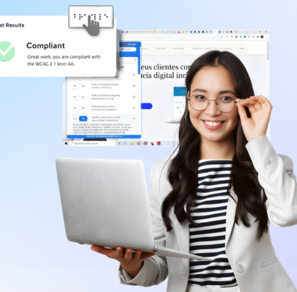 Acessibilidade Digital - Mulher sorri com notebook em uma das mãos.