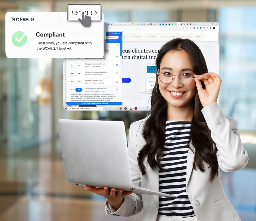 Mulher sorri com notebook em uma das mãos