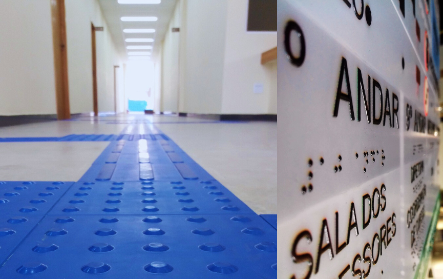Mapa Tátil: tudo que você precisa saber 4 Rota de piso tátil instalado em um local comercial. Ao lado zoom no mapa tátil evidenciando o braile e as letras em alto-relevo.