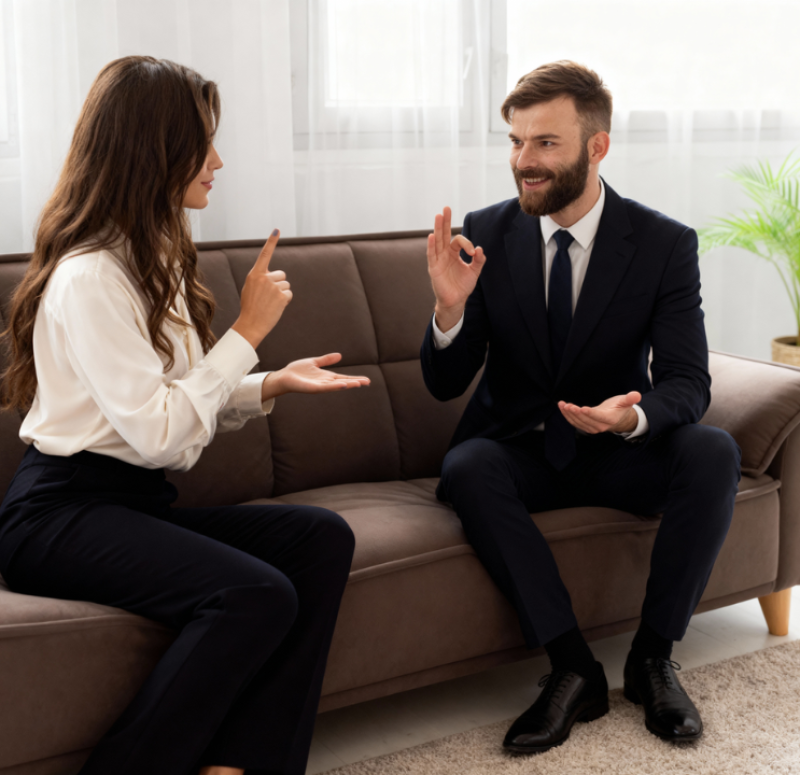 Homem e mulher conversam em Libras - Língua Brasileira de Sinais