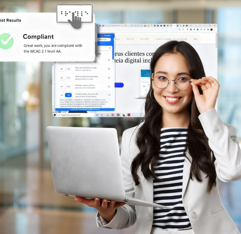 Mulher sorri com notebook em uma das mãos